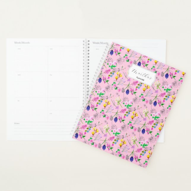 Delicate watercolour wildflowers on pink planner (Display)