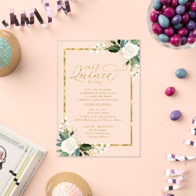 Delicate White And Gold Floral Quinceañera  Acrylic Invitations (Insitu (Celebration))