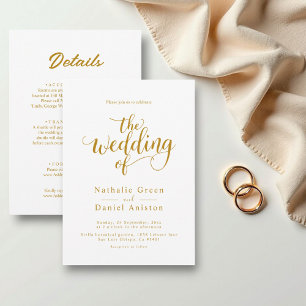 Delicate White And Gold Script Classy Wedding Invitation