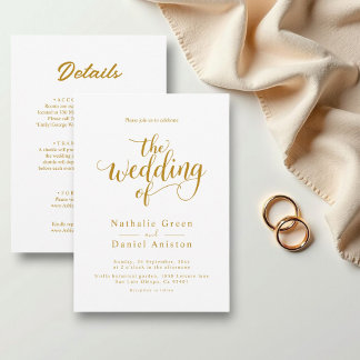 Delicate White And Gold Script Classy Wedding Invitation
