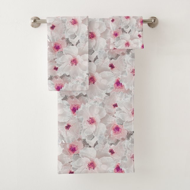 Delicate white and pink floral bath towel set (Insitu)