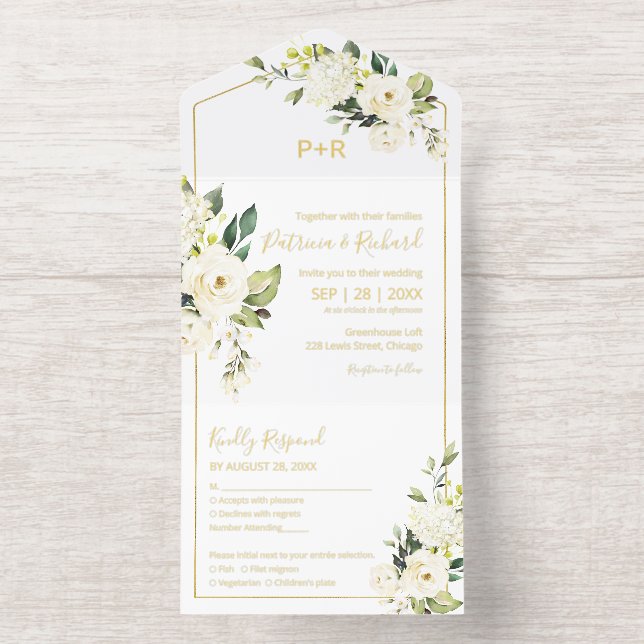 Delicate White Cream Floral Elegant Wedding All In One Invitation (Inside)