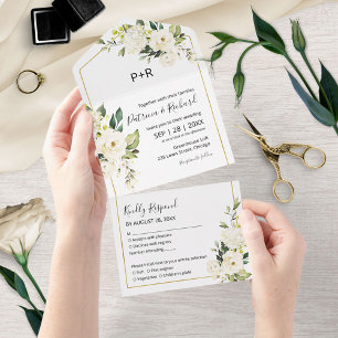 Delicate White Cream Floral Elegant Wedding All In One Invitation