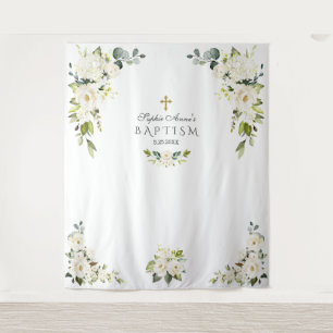 Delicate White Floral Baptism Photo Booth Prop Tapestry