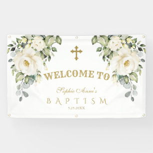 Delicate White Floral Gold Baptism Welcome Sign
