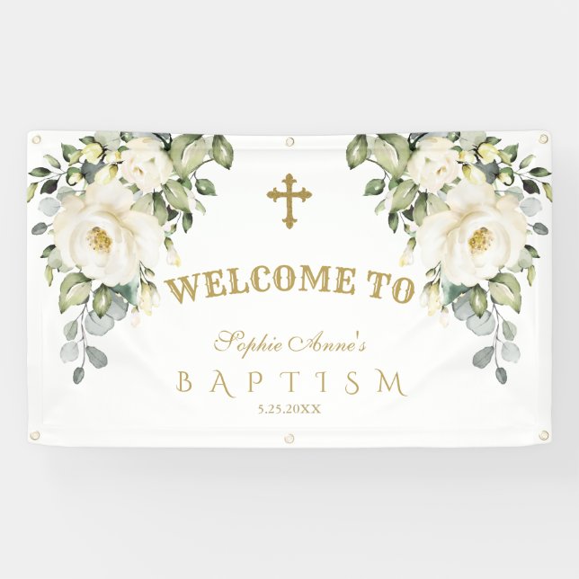 Delicate White Floral Gold Baptism Welcome Sign (Horizontal)