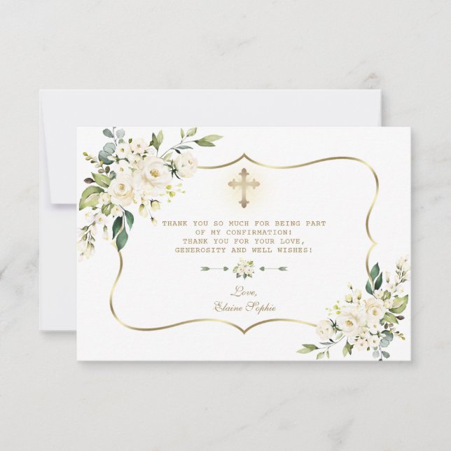 Delicate White Floral Gold Cross Girl Confirmation Thank You Card (Front)