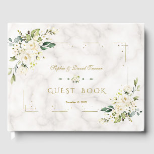Delicate White Floral Gold Glitter Frame Wedding Guest Book