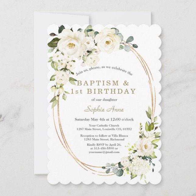 Delicate White Flowers Girl 1st Birthday Baptism Invitation (Front)