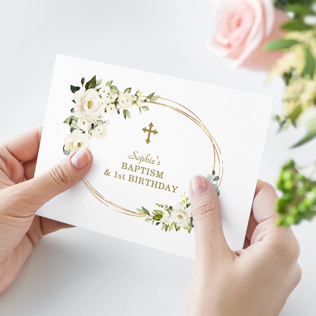 Delicate White Flowers Girl 1st Birthday Baptism Thank You Card (Creator Uploaded)