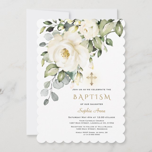 Delicate White Flowers Gold Cross Girl Baptism Invitation (Front)