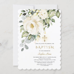 Delicate White Flowers Gold Cross Girl Baptism Invitation