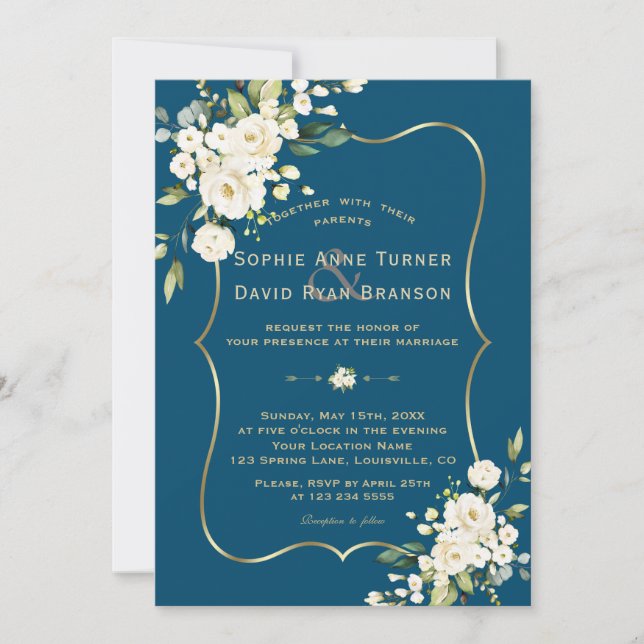 Delicate White Flowers Gold Frame Blue Wedding Invitation (Front)