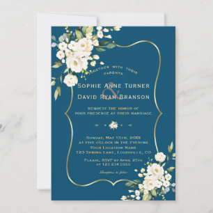 Delicate White Flowers Gold Frame Blue Wedding Invitation