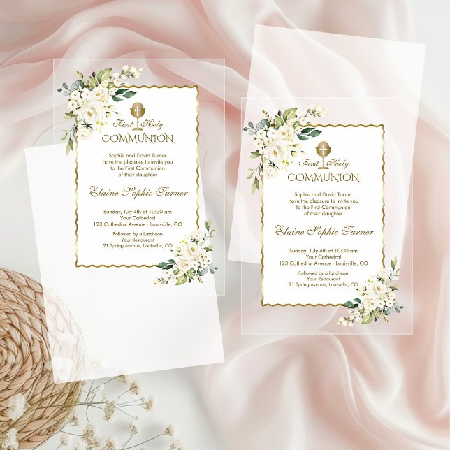 Delicate White Flowers Gold Girl Holy Communion Acrylic Invitations (Creator Uploaded)