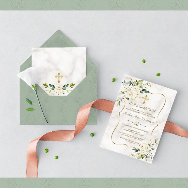 Delicate White Flowers Marble Gold Confirmation Invitation (Creator Uploaded)