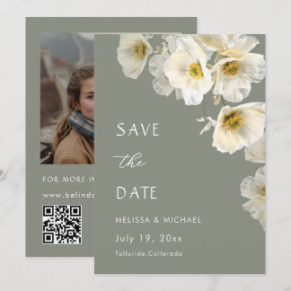 Delicate White Flowers Sage Green Wedding Save The Date