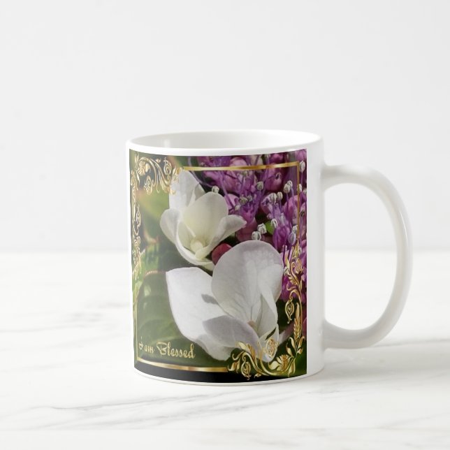 Delicate white flowers with golden tone border coffee mug (Right)