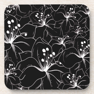 Delicate White on Black Floral Pattern Coaster