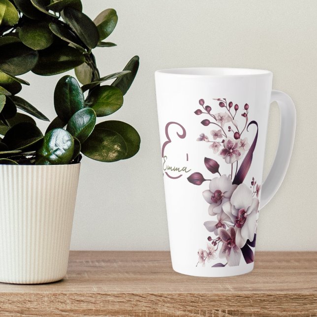 Delicate White Orchid Flowers Monogram Latte Mug (Creator Uploaded)