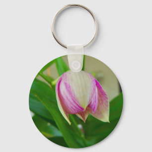 Delicate white & purple orchid on a keychain