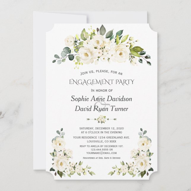 Delicate White Roses Hydrangea Bloom Engagement Invitation (Front)