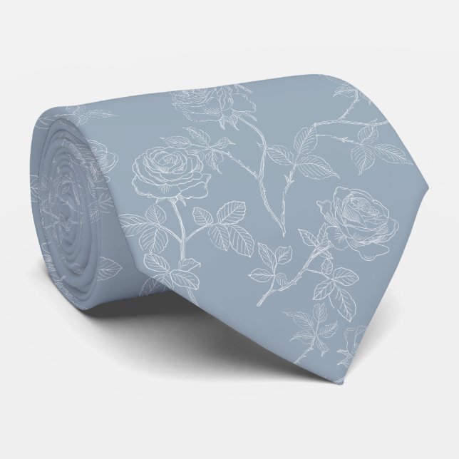 Delicate white roses on dusty blue tie (Rolled)