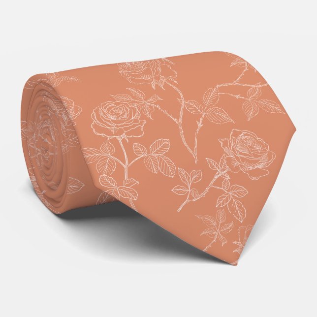 Delicate white roses on dusty orange tie (Rolled)