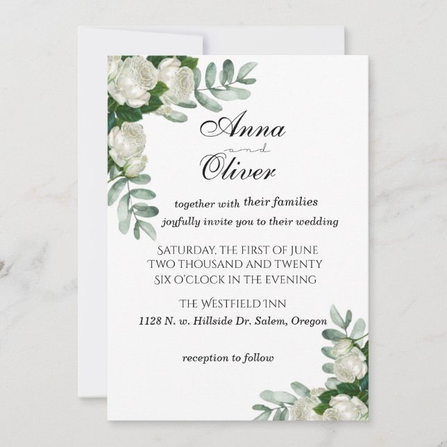 Delicate White Roses Wedding Invitation (Front)