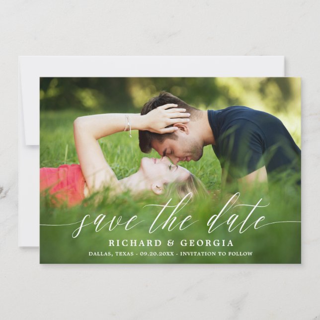 Delicate White Script Overlay Photo Save the Date (Front)