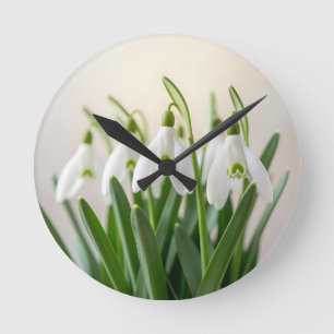 Delicate White Snowdrop Flowers Spring Bloom Round Clock