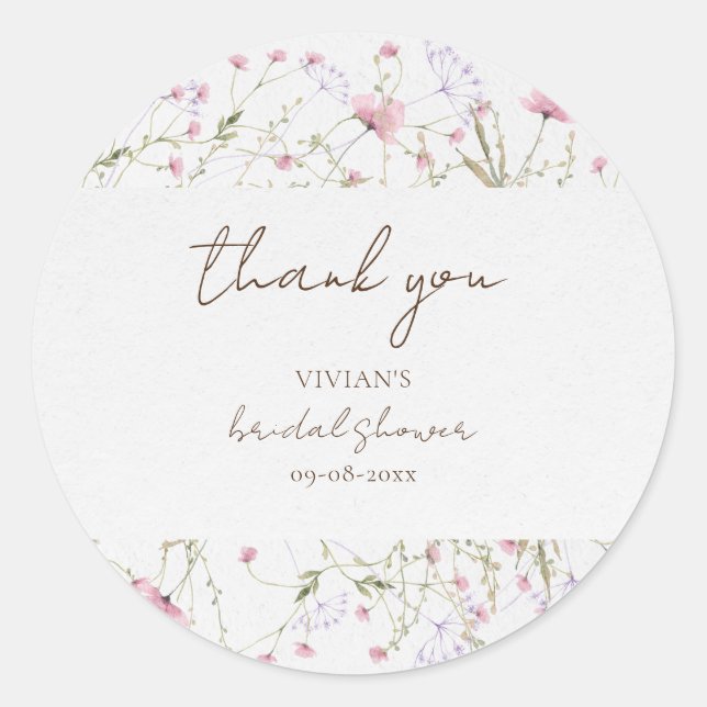 Delicate Wildflower Bridal Shower Thank You Classic Round Sticker (Front)