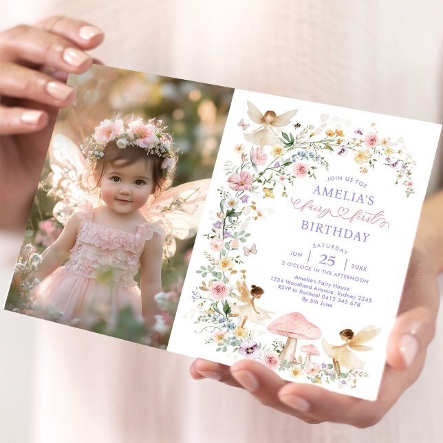 Delicate Wildflower Fairy First 1st Birthday Photo Invitation (Creator Uploaded)