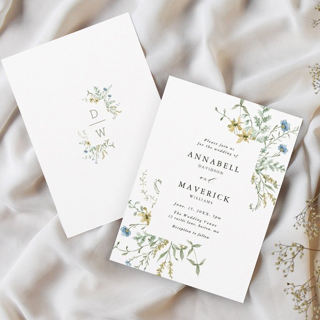 Delicate Wildflower Modern Boho Floral Wedding Invitation (Front & Back)