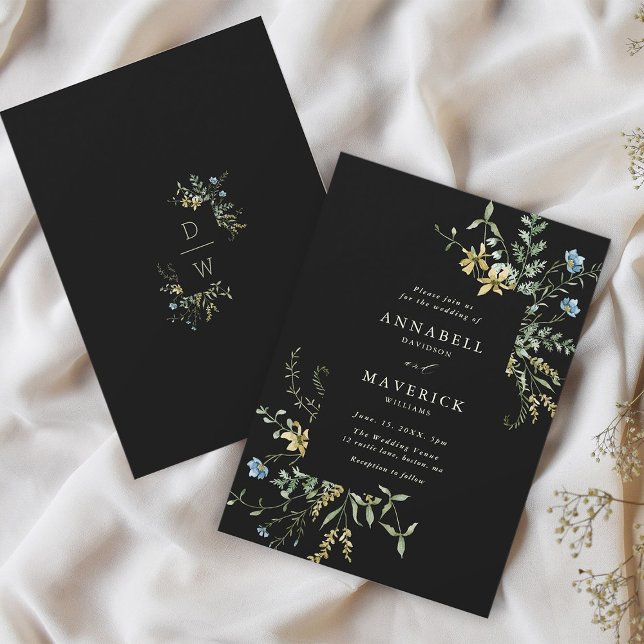 Delicate Wildflower Modern Boho Wedding Black Invitation (Front & Back)