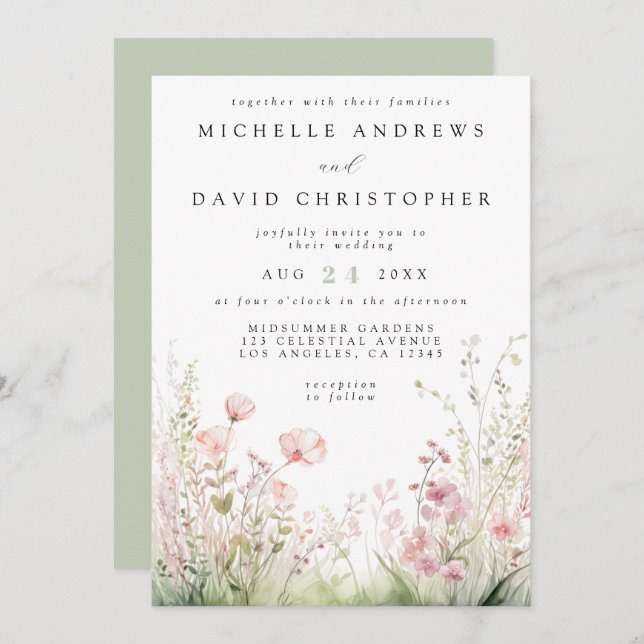 Delicate Wildflower QR Code Wedding Invitation (Front/Back)