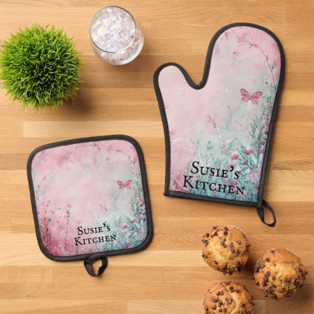 Delicate Wildflowers and Butterfly Personalised Oven Mitt & Pot Holder Set (Top Down)