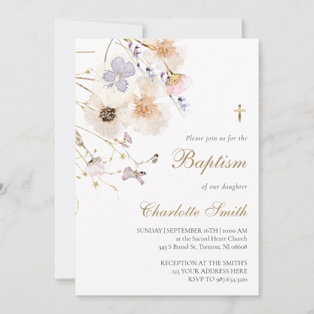 delicate wildflowers Baptism Invitation (Front)