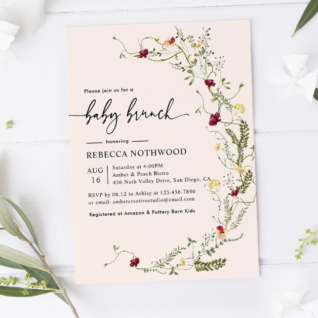 Delicate Wildflowers Blush Pink Baby Brunch Invitation (Creator Uploaded)
