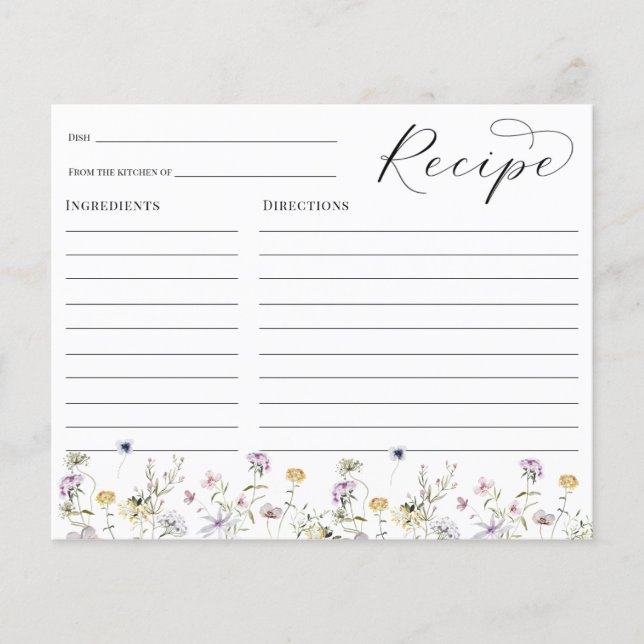 Delicate Wildflowers Bridal Shower Recipe card (Front)