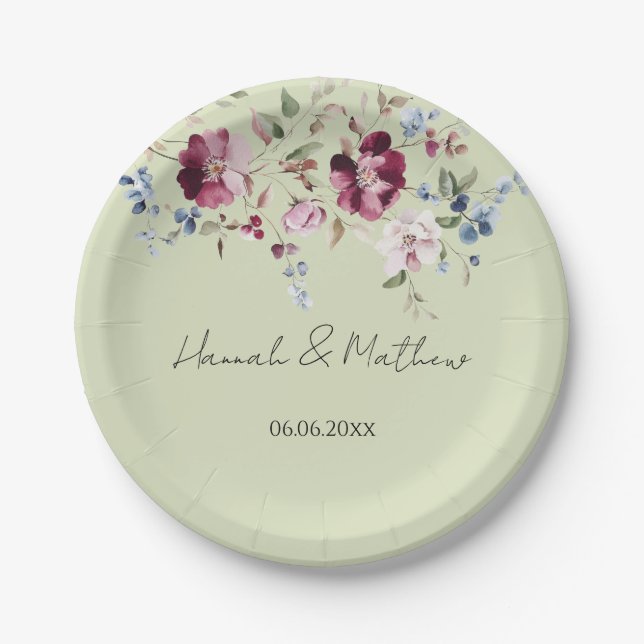 Delicate Wildflowers Elegant Green  Paper Plate (Front)