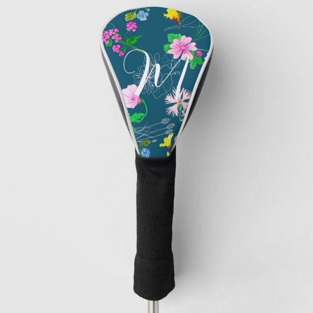 Delicate wildflowers in dark blue. Custom Golf Head Cover (Front)
