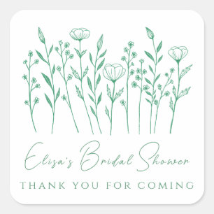 Delicate Wildflowers Line Art Green Bridal Shower Square Sticker