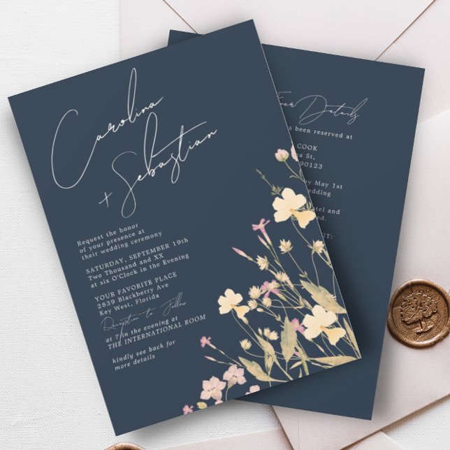 Delicate Wildflowers Navy RSVP QR Code Wedding  Invitation (Creator Uploaded)