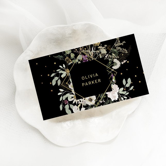Delicate Wildflowers on Black Business Card (Creator Uploaded)