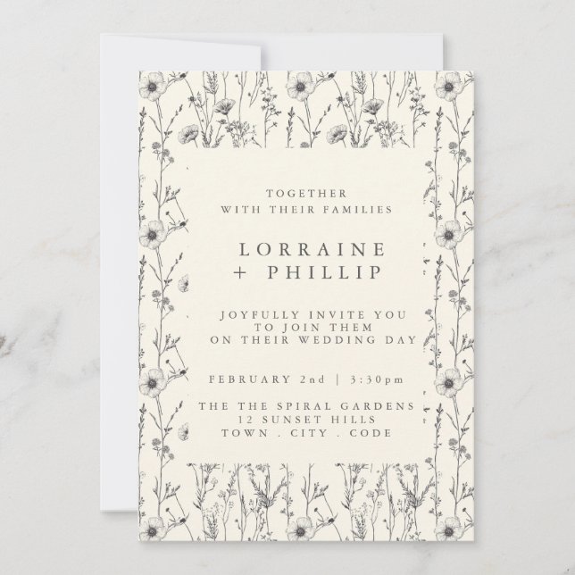Delicate wildflowers pattern wedding invitation (Front)