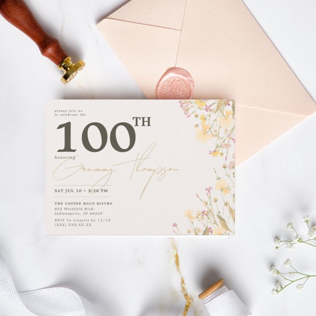 Delicate Wildflowers Pink Yellow 100th Birthday  Invitation (Creator Uploaded)