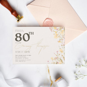 Delicate Wildflowers Pink Yellow 80 th Birthday  Invitation