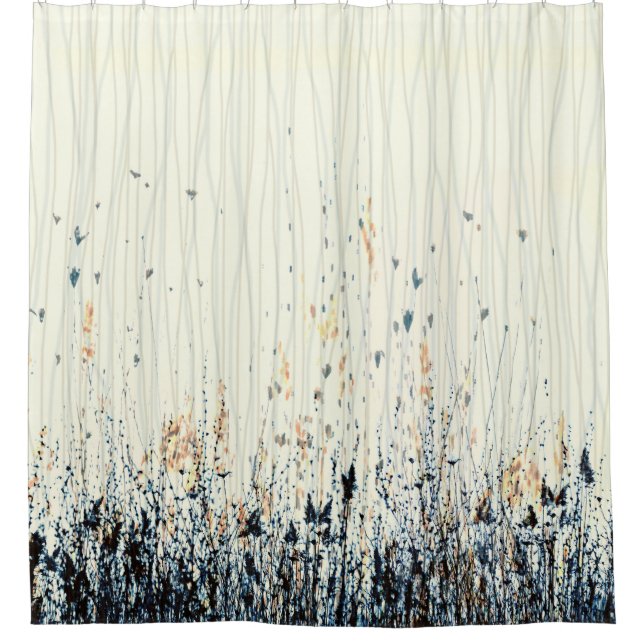 Delicate Wildflowers Watercolou Indigo Blue Yellow Shower Curtain (Front)