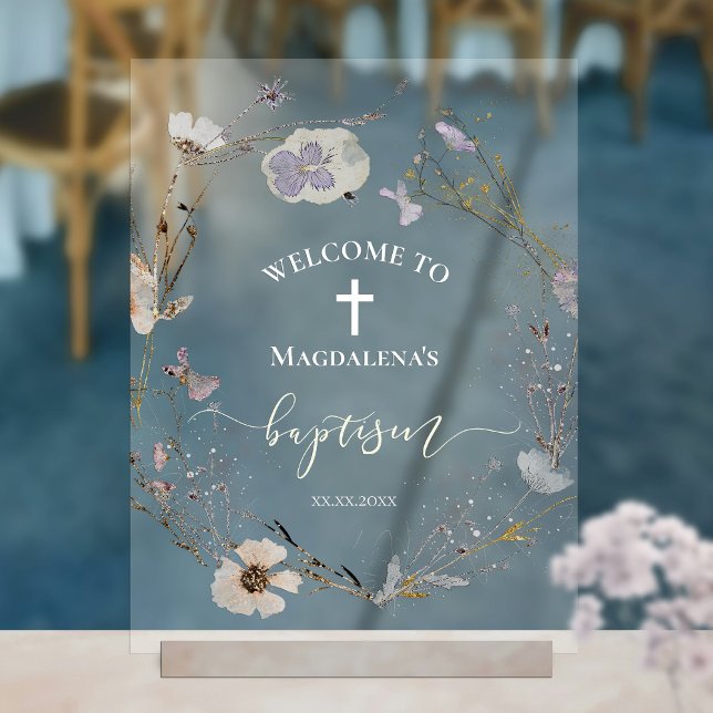 delicate wildflowers wreath Baptism welcome Acrylic Sign (Creator Uploaded)